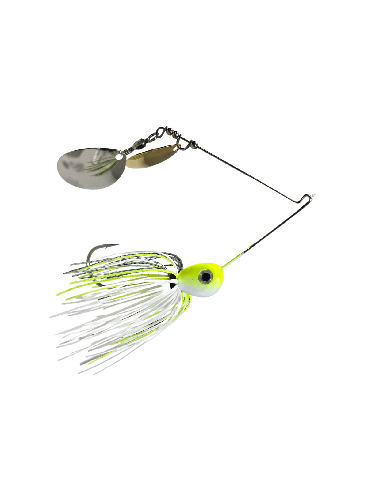 Fishing spinner lure with a white and green design on a white background