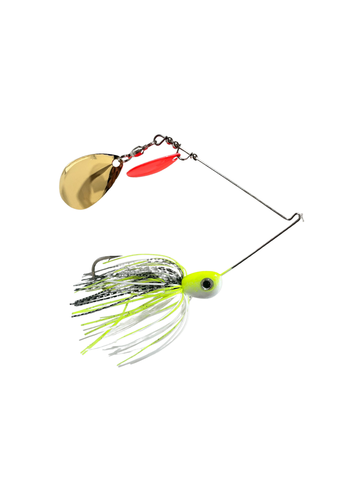 Fishing lure with gold blade, red and green skirt on a white background