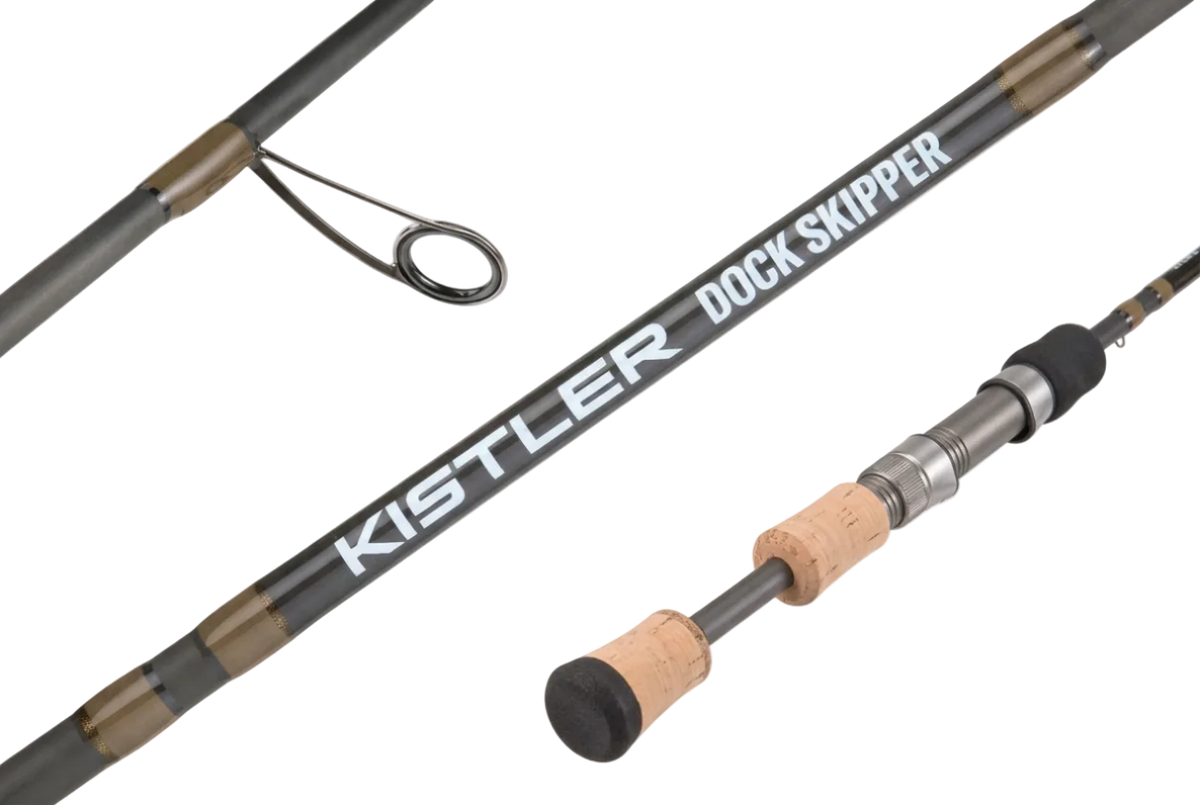 Kistler Dock Skipper fishing rod on a white background with an American flag icon.