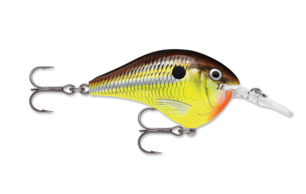A brown, yellow, and orange fishing crankbait with scale patterns and treble hooks.