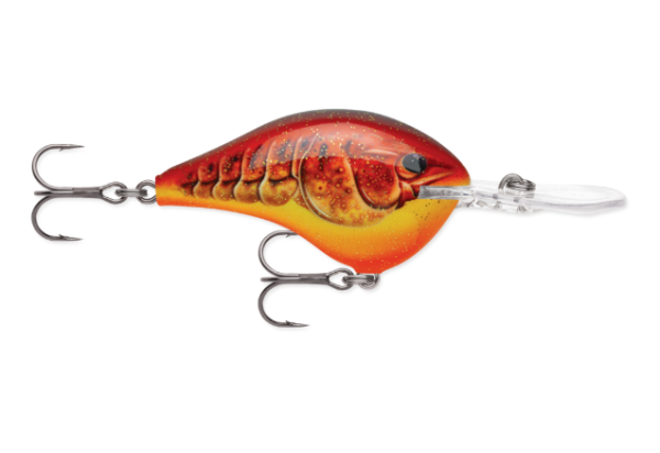 A red and orange crawfish-patterned fishing lure with two treble hooks and a clear lip.