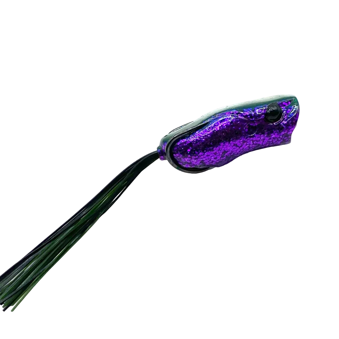 Fishing lure with purple and green colors on a white background