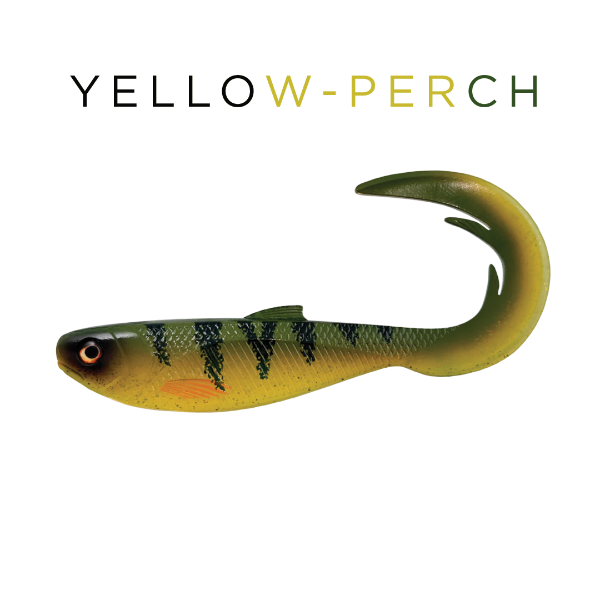 Yellow Perch fishing lure on a white background with 'YELLOW-PERCH' text above.