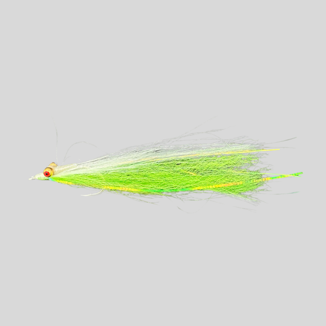 Fish-Skull Mega Clouser Minnow | 6/0 Hook | Dumbbell Eyes | Jigging Action | Pink & White | Chartreuse & White | Saltwater Fly | Flymen Fishing Company