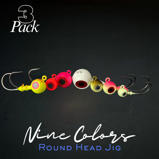 A 3-pack of nine-color round head jig fishing lures arranged in a row against a dark background, with text overlays reading '3 Pack' and 'Nine Colors Round Head Jig'.
