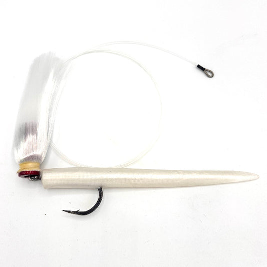Fishing rod with reel and line on a white background