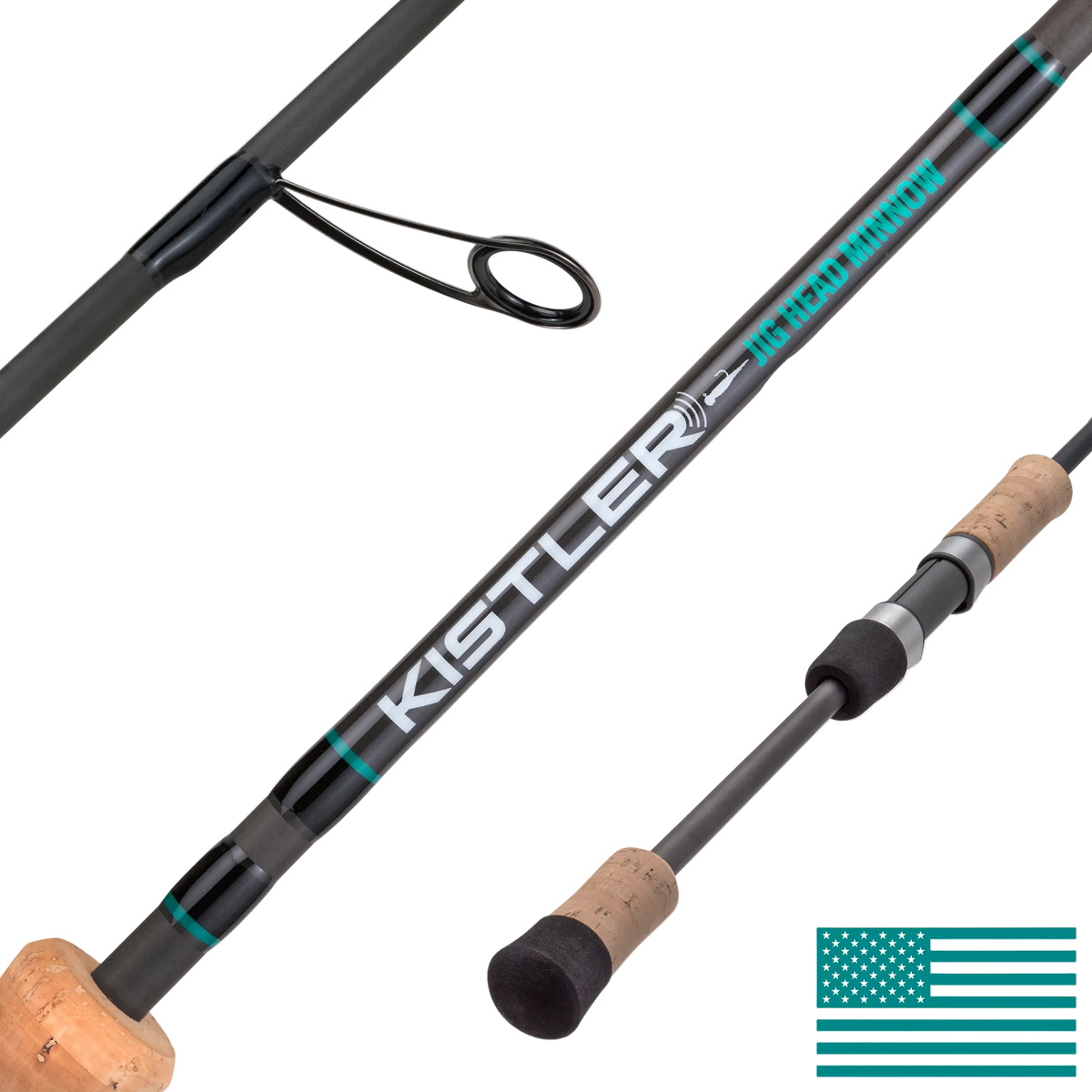 Fishing rod with cork handles and Kistler branding on a white background
