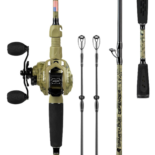 Fishing rod and reel set with additional rods on a white background