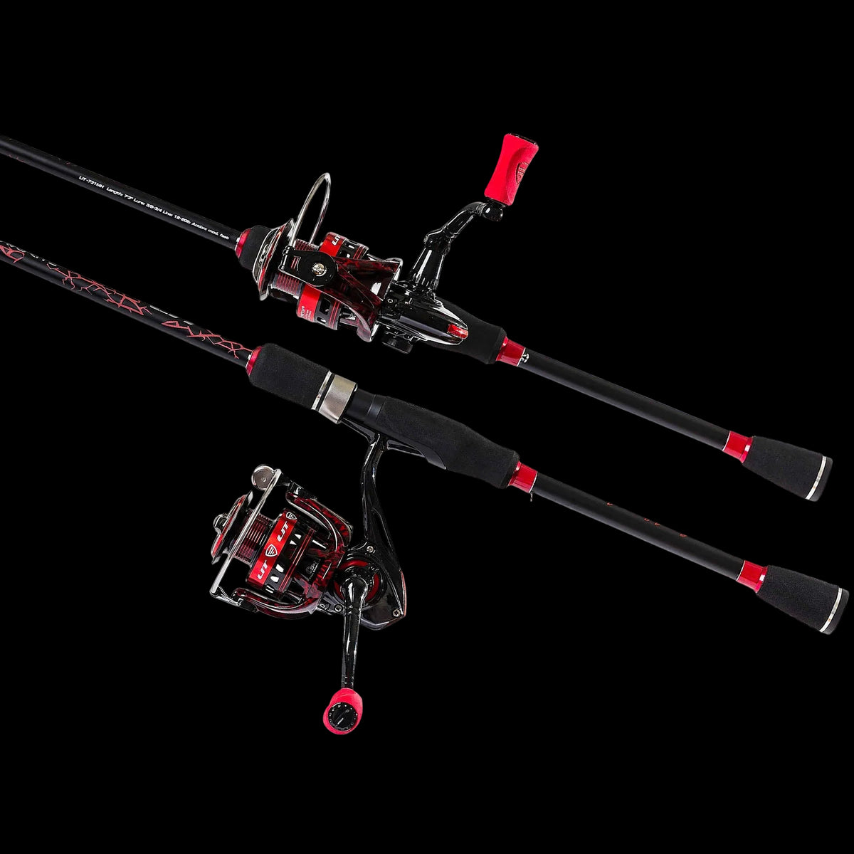 Two black fishing rods with red and silver spinning reels, arranged diagonally on a clean white background.