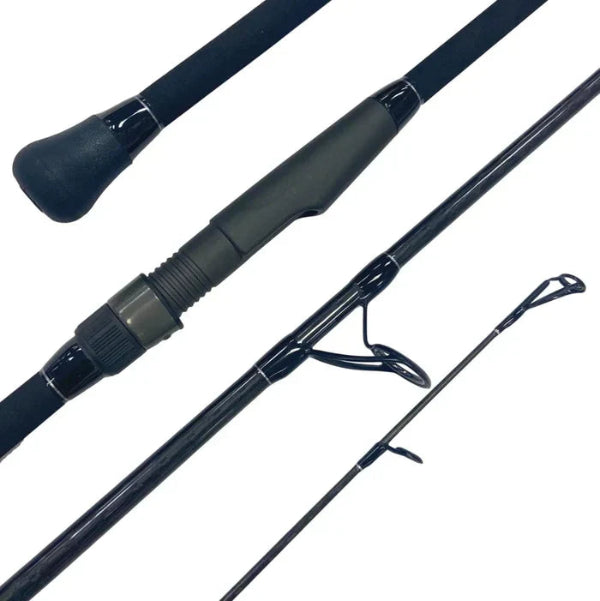 Fishing rod with black handle and guides on a white background