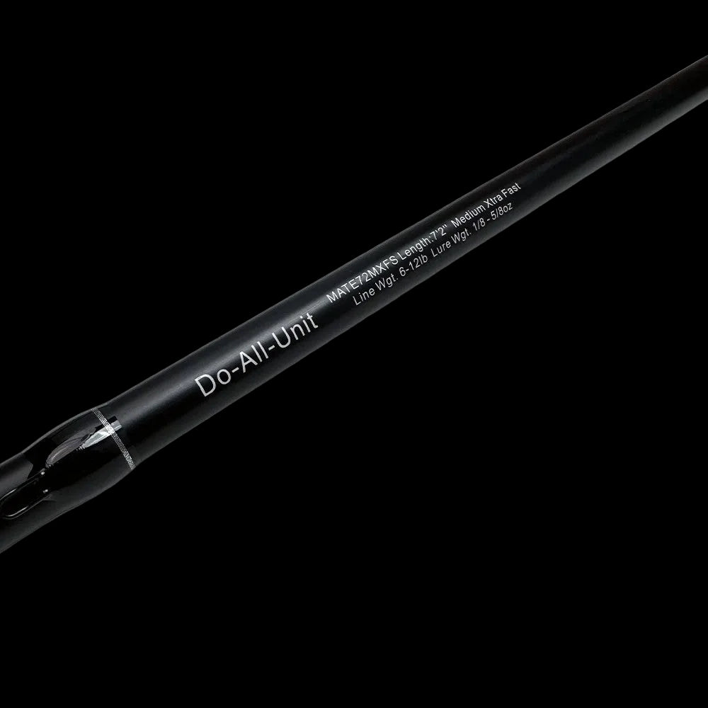 Black fishing rod with text on a white background