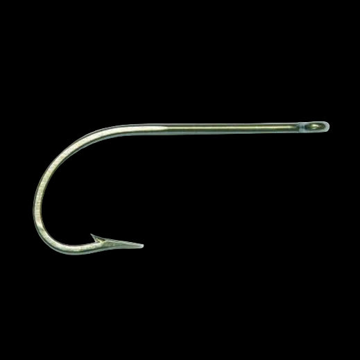 A single metallic fishing hook with a curved body and a straight eyelet, shown on a plain white background.