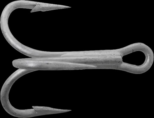 A single metal fishing hook with two downward-pointing hooks and a horizontal shank, shown on a plain white background.