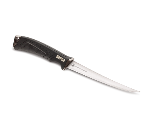 Angled Rapala fillet knife with a black textured handle and silver blade.