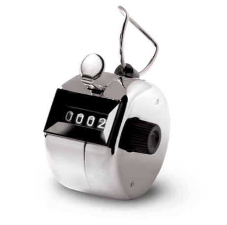 Silver chrome handheld tally counter showing '0002' on a black display.