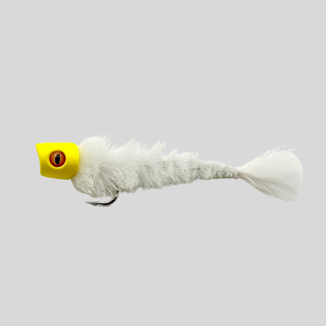 Next Game Changer Popper | Articulated Game Changer Body + Howitzer Popper Head | Multi-Segment Topwater Fly | 3", 4" & 6" | White/Yellow | Bass, Snook, Tarpon, GT & Pike | Flymen