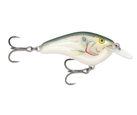Green and white fish-shaped fishing lure with yellow eyes and two treble hooks.
