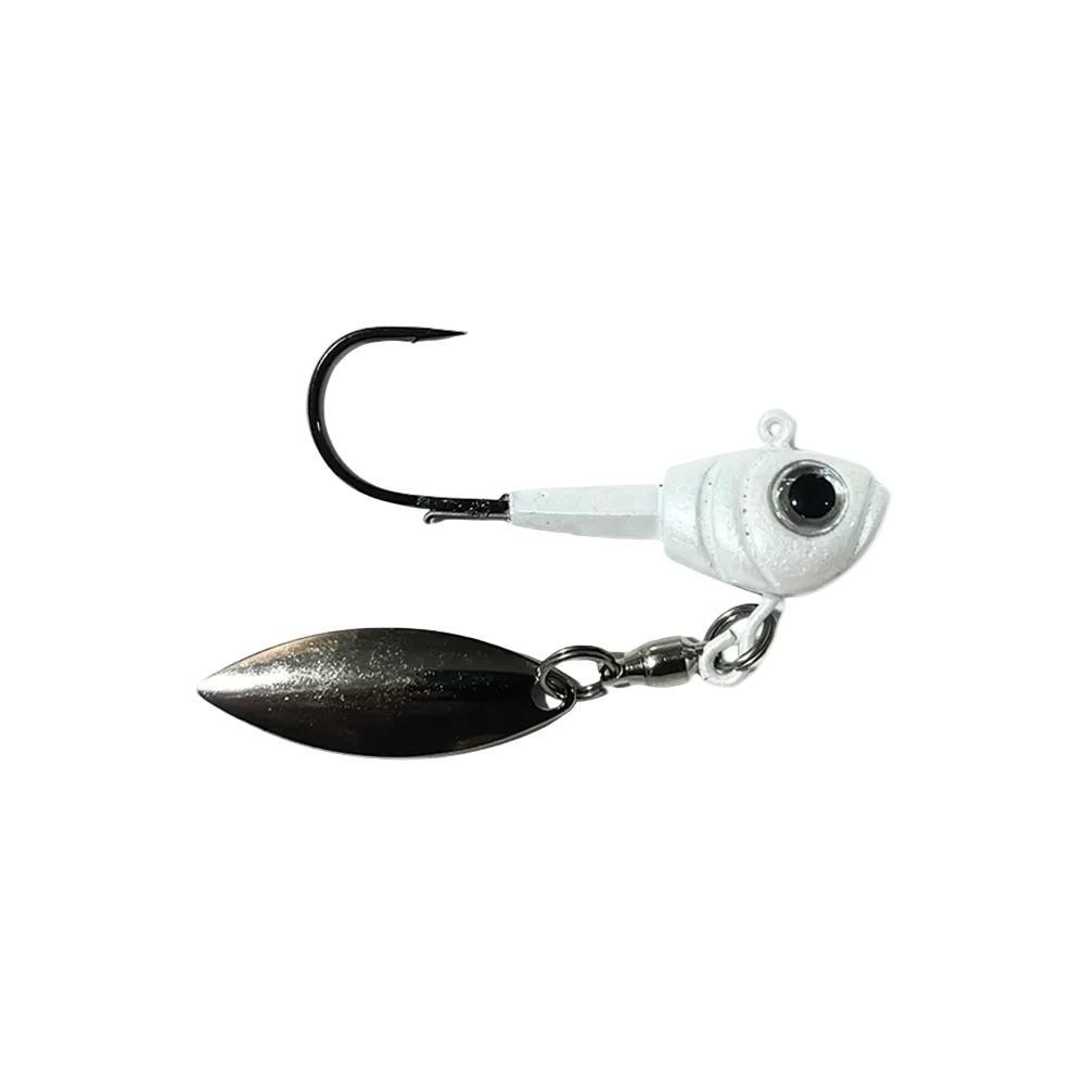 Fishing lure with a metal blade and white body on a white background