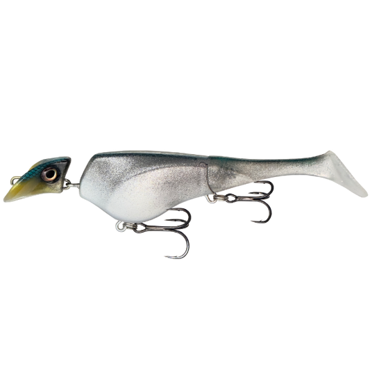 Fishing lure with a silver and green body on a white background