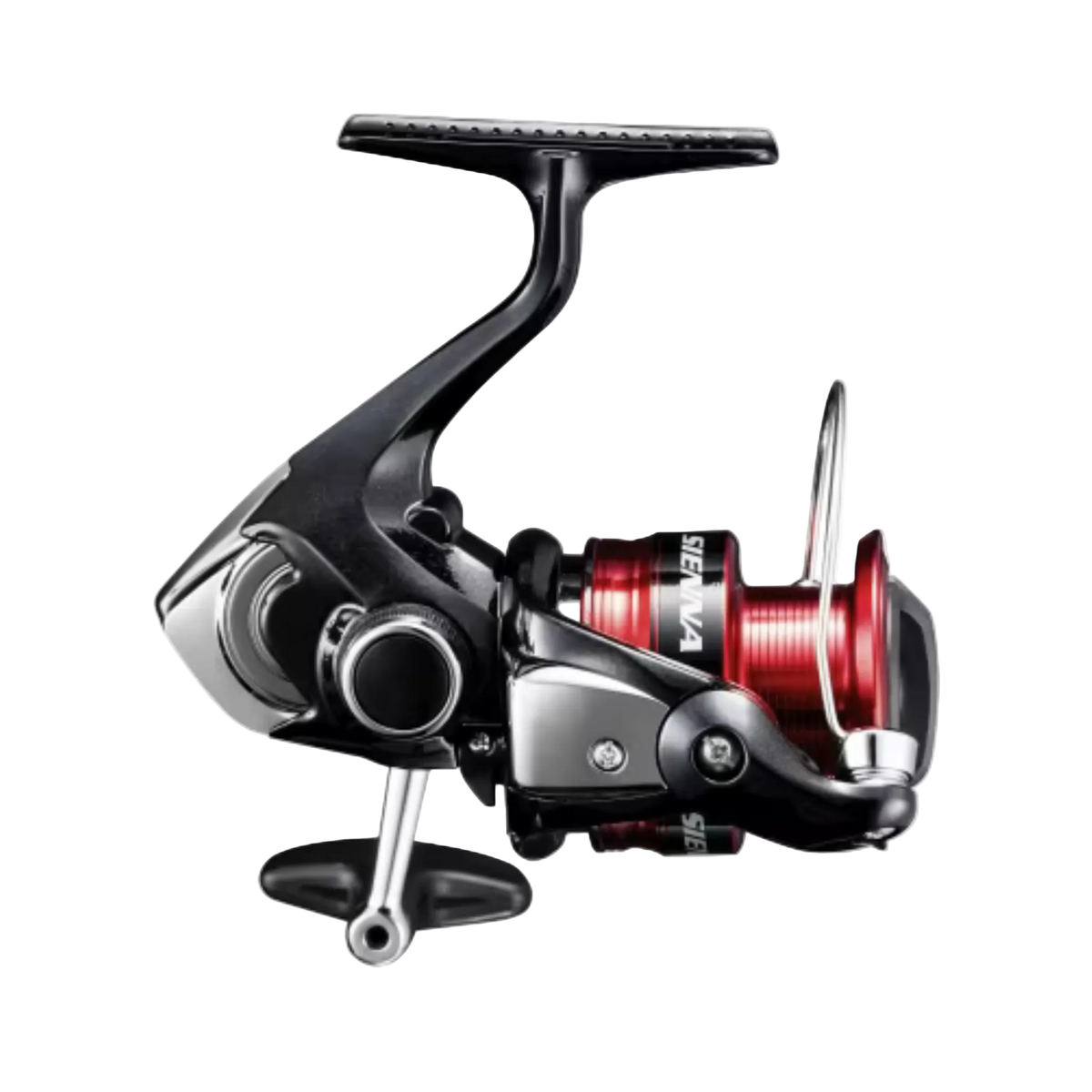Fishing reel with black and red design on a white background