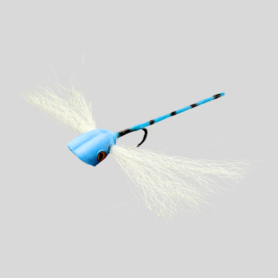Surface Seducer Dragon Fly | Floating Dragonfly Imitation | KONA #8 Popper Hook | Twitch & Pop Surface Presentation | Blue & Yellow | Bass, Bluegill & Freshwater | Flymen Fishing Company