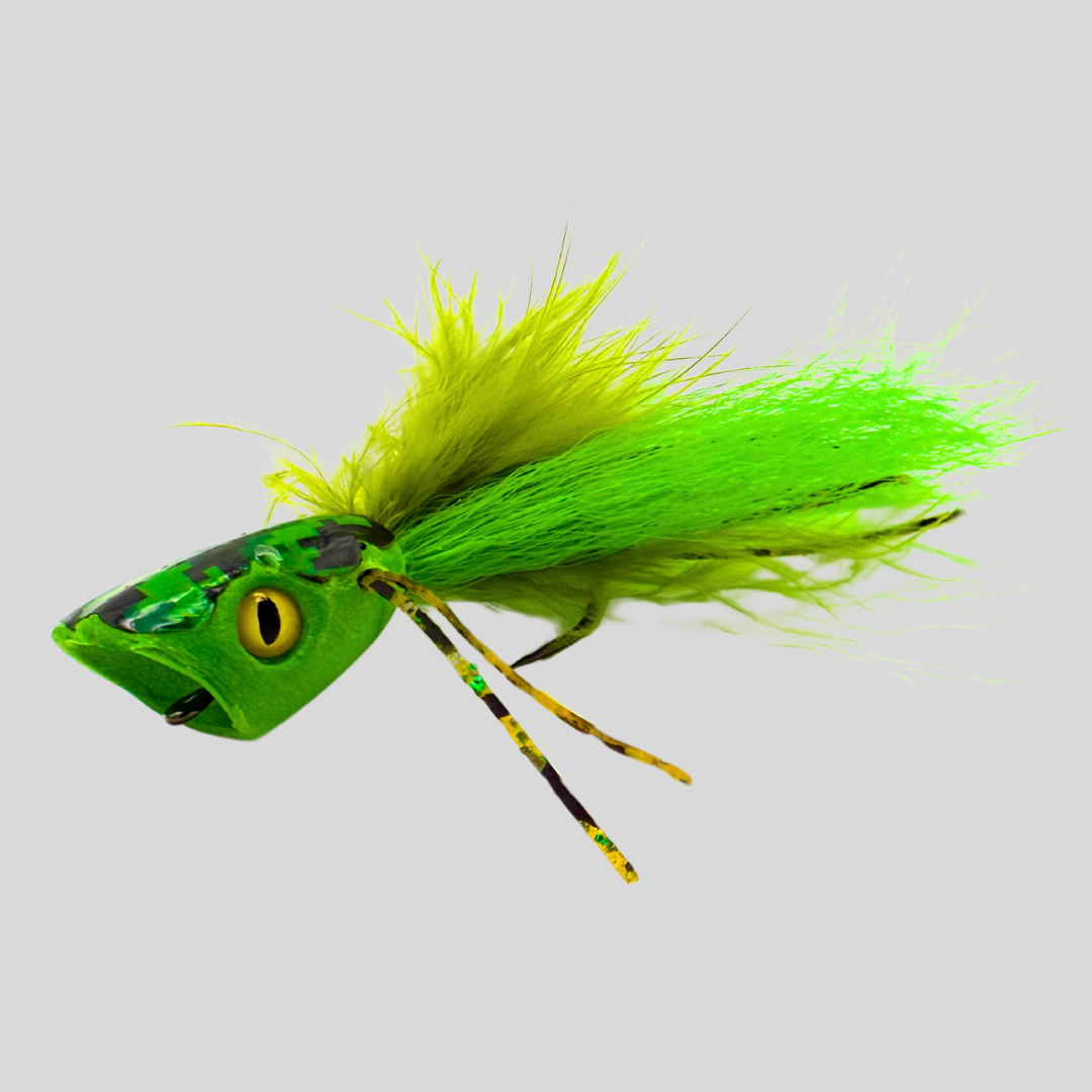 Surface Seducer Double Barrel Camo Bass Bug Popper | EVA Foam | Deep Cup | Camouflage Body | Matching Legs & Tail | #2 & #6 | 4 Colors | Largemouth & Smallmouth Bass | Flymen
