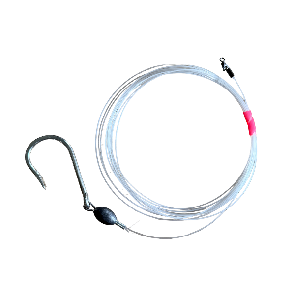 Fishing line with a hook and bobber on a white background