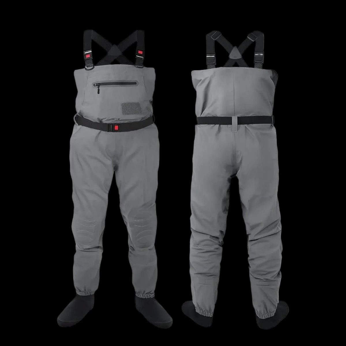 Gray dry waders shown from both the front and back views, featuring black suspenders, a black belt, and black foot coverings, set against a plain white background.