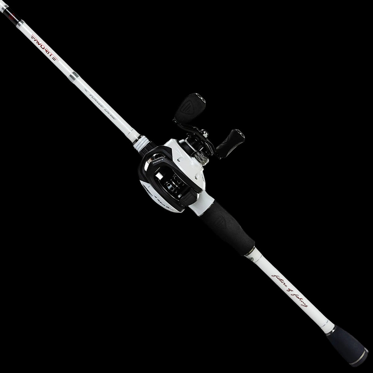 A white and black baitcasting fishing rod with a matching white and black spinning reel, shown diagonally on a solid white background. The rod features red and black branding text.