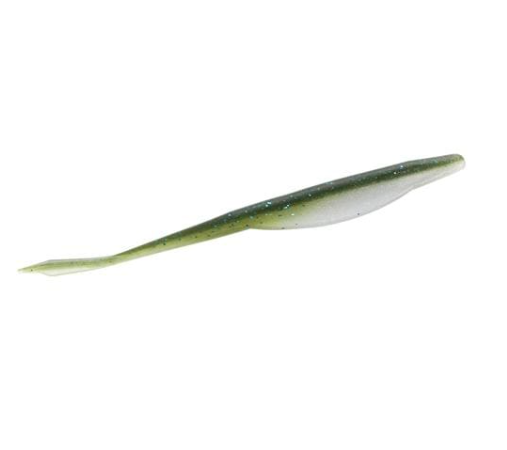 Slender green and white soft plastic fishing lure with subtle glitter.