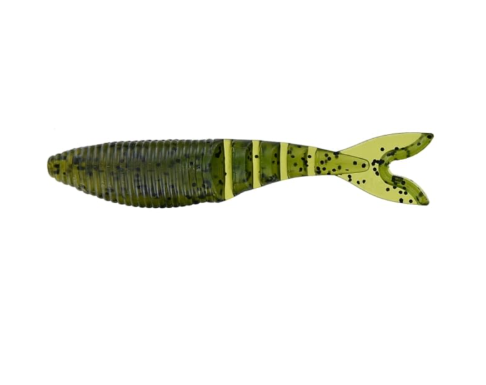 Dark green ribbed swimbait with yellow bands, black flakes, and forked tail.