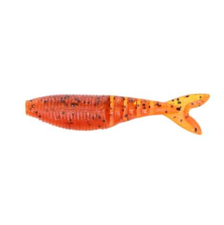 An orange and yellow soft plastic fishing lure with black speckles, shown against a plain white background.