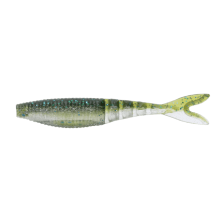 A soft plastic fishing lure shaped like a small baitfish, shown from the side on a plain white background. The lure has a glittery green and yellow body with darker horizontal stripes and a translucent white belly and tail.