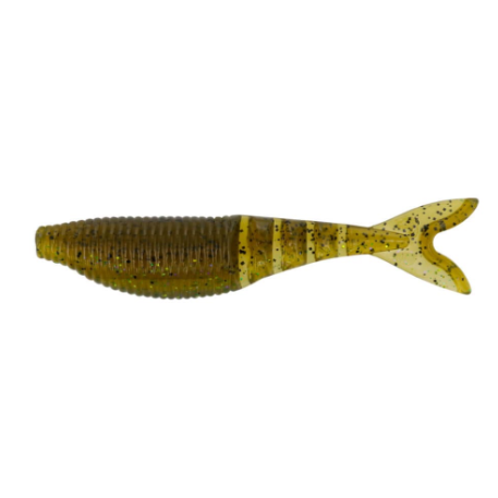 A soft plastic fishing lure shaped like a small fish, shown horizontally against a plain white background. The lure has a ribbed body with a mottled olive-brown and yellow-green coloration, speckled with black, and a lighter yellow tail with black flecks.
