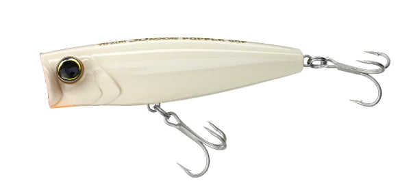 A cream-colored hard fishing lure with gold lettering that reads 'YEAR LIFESIZE POPPER SHIP', featuring a realistic eye and two silver metal treble hooks.