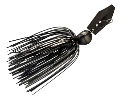 A black plastic and silicone fishing lure with a skirt made of many fine strands, shown on a plain white background.