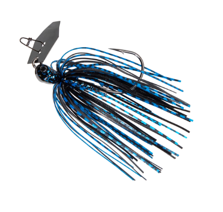 A fishing jig lure with a dark gray metal blade, a glittery black and blue head, and long black and blue skirt strands with a treble hook.