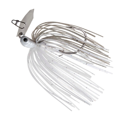 A white and silver soft plastic fishing lure with a metal blade, hook, and long skirt strands on a plain white background.