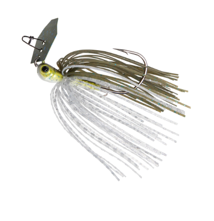 A fishing jig lure with a metallic silver blade, a yellow and white head, and a skirt made of olive-brown and silver glitter strands, isolated on a white background.