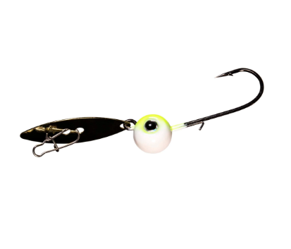 A fishing lure with a black metal spoon, a white bead head, and a realistic eye with a neon yellow-green accent, shown on a plain white background.