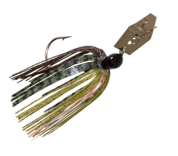 Multi-colored chatterbait fishing lure with a black head, metal blade, and hook.