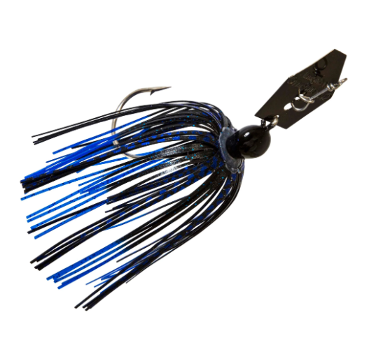 A fishing jig lure with a black and blue skirt, a black metal blade, and a silver treble hook, shown against a plain white background.