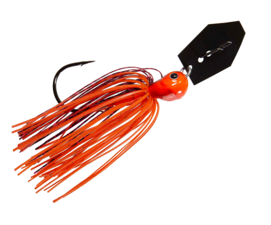 An orange and red skirted fishing lure with a black blade and a dark hook, shown on a plain white background.
