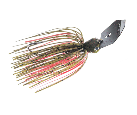 A fishing jig lure with a black metal blade head, a dark olive-brown body, and a skirt made of tan, black, and red strands, shown on a plain white background.