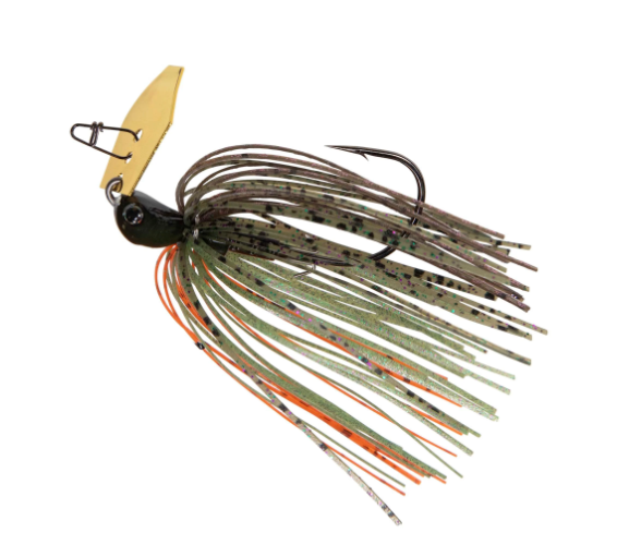A soft bait fishing lure with a gold-colored blade, black head, and a skirt made of olive green, black, and orange strands, shown on a plain white background.