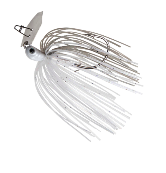 A white and silver jig fishing lure with a metal blade, hook, and long skirt strands on a plain white background.