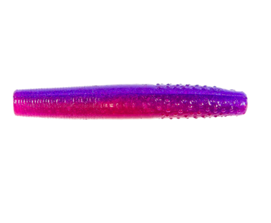 A soft plastic fishing lure with a textured bubble pattern, featuring a purple-to-pink gradient color scheme, isolated on a white background.