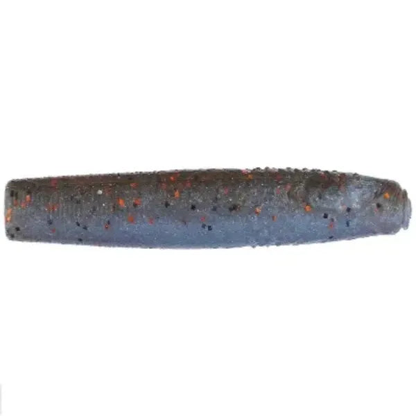 A dark blue soft plastic fishing lure with orange and black flakes.