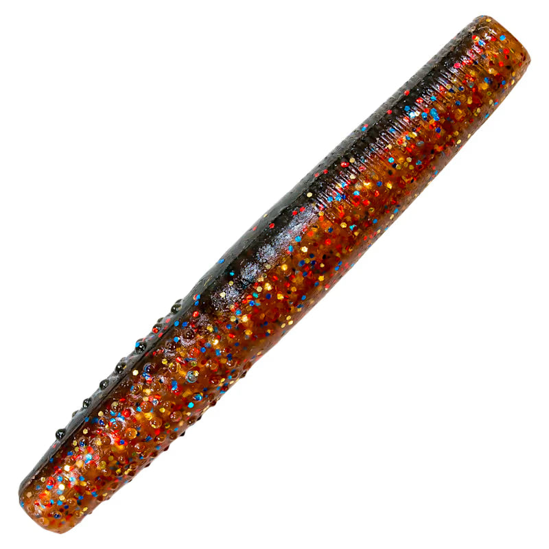 Textured brown and black soft plastic fishing lure with colorful glitter.
