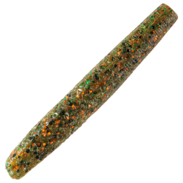 Green soft plastic fishing lure with orange and black glitter.